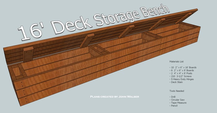 How to build a deck storage bench. Tools and Materials list.